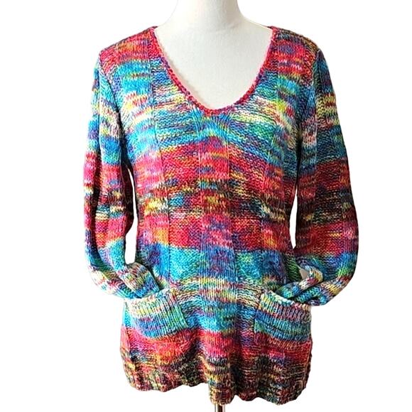 Bobbie Brooks Womens Sz L Colorful V-Neck Pockets Lagenlook Y2K Artsy Sweater - Picture 1 of 12